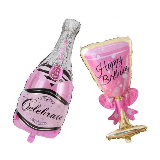 Set 2 Baloane din Folie Metalizata, tematica Aniversare HAPPY BIRTHDAY, Figurine Model Sticla de Sampanie 50 x 108 cm si Pahar 48 x 93 cm, Roz
