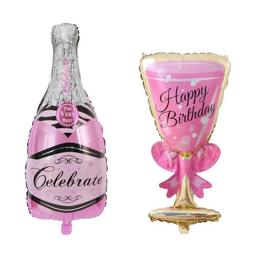 Set 2 Baloane din Folie Metalizata, tematica Aniversare HAPPY BIRTHDAY, Figurine Model Sticla de Sampanie 50 x 108 cm si Pahar 48 x 93 cm, Roz