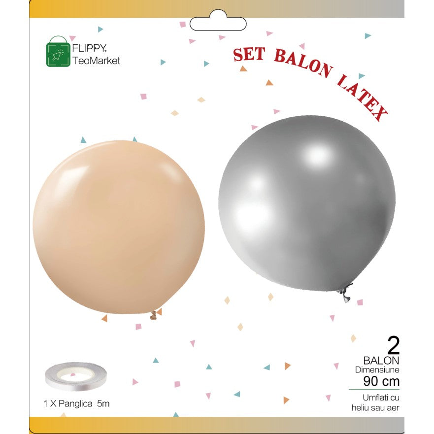 Set 2 Baloane din Latex, Model Party Jumbo, 90 cm, Auriu Argintiu, 35 g