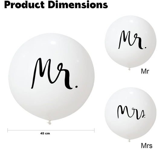 Set 2 Baloane din Latex, Tip Jumbo, Model Mr si Mrs, Tema Nunta, 45 cm, Alb