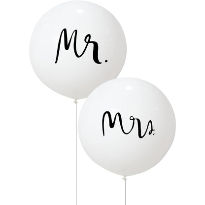 Set 2 Baloane din Latex, Tip Jumbo, Model Mr si Mrs, Tema Nunta, 45 cm, Alb