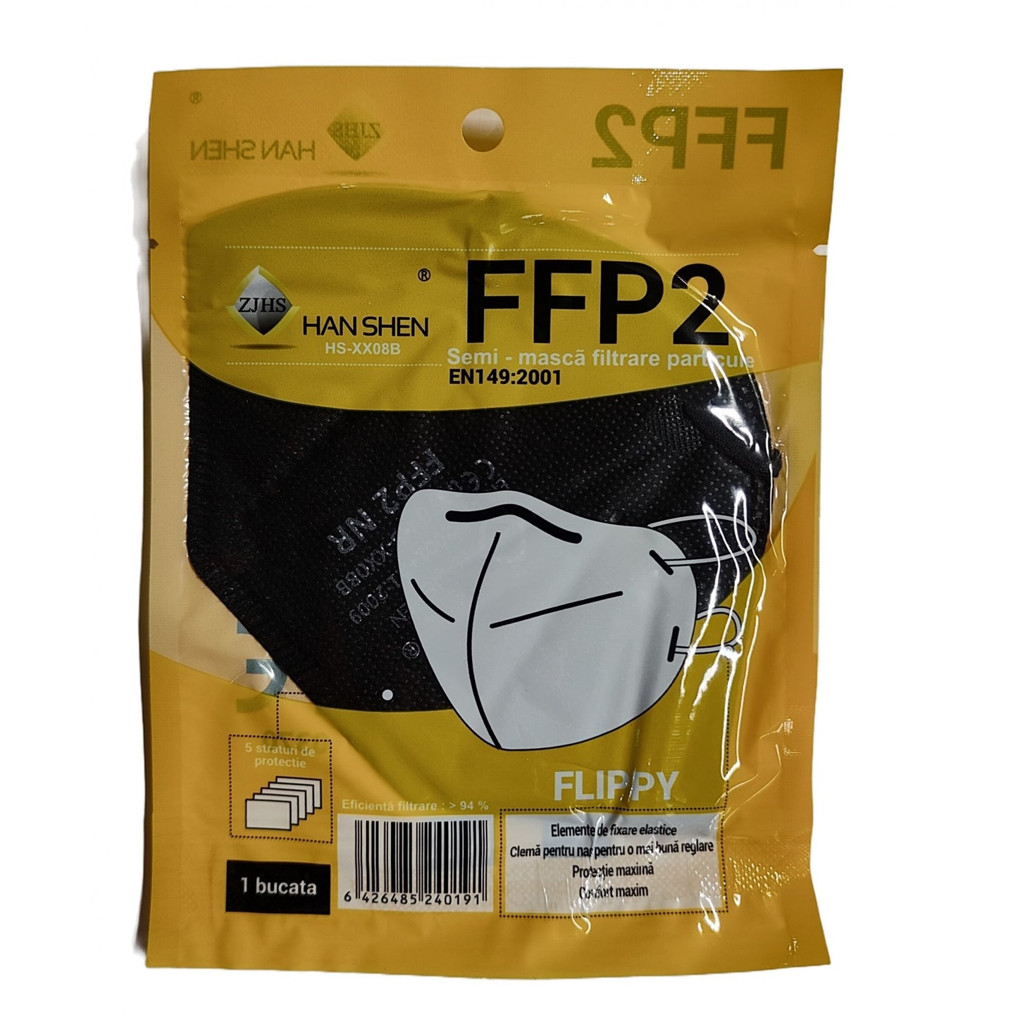 Set 2 bucati Masca de protectie faciala, de unica folosinta pentru adulti, FFP2, KN95 CE 0370, 5 straturi, nesterila, ambalaj individual, Negru