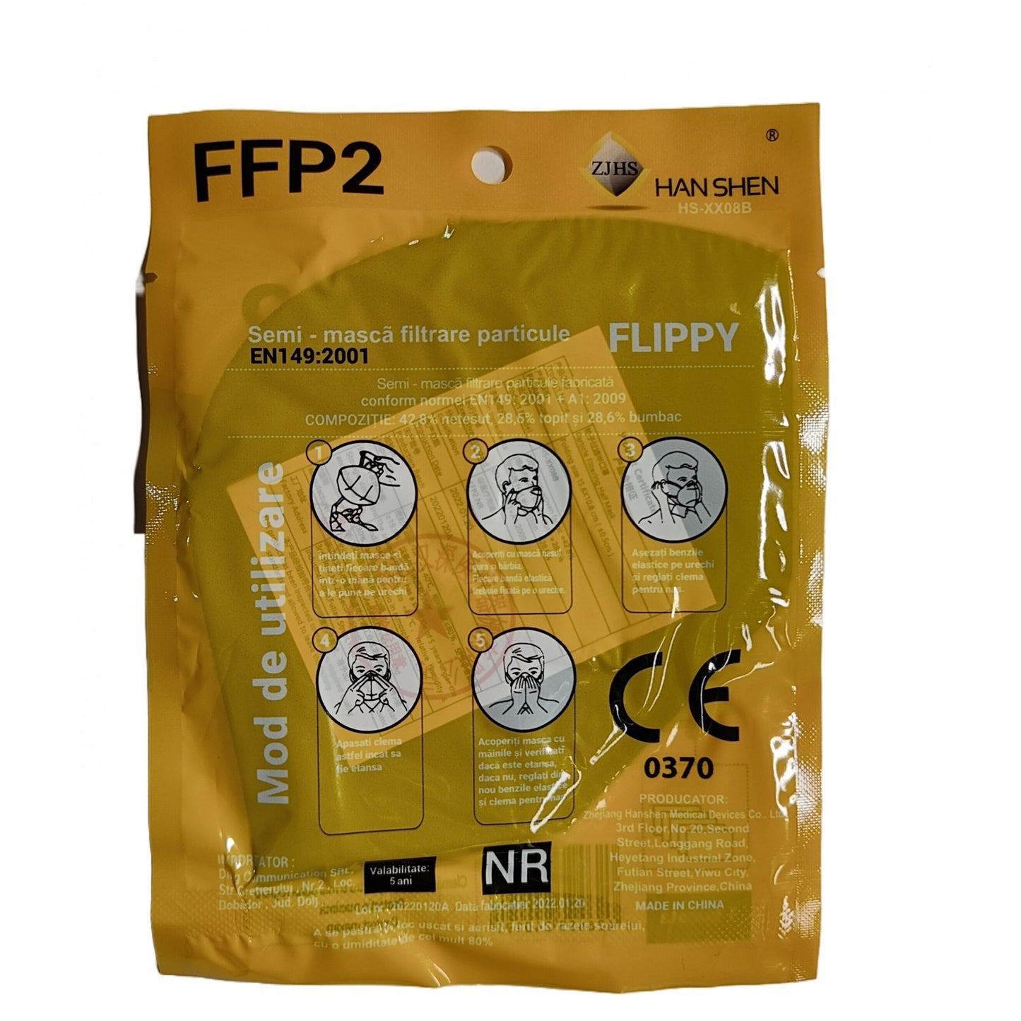 Set 2 bucati Masca de protectie faciala, de unica folosinta pentru adulti, FFP2, KN95 CE 0370, 5 straturi, nesterila, ambalaj individual, Negru