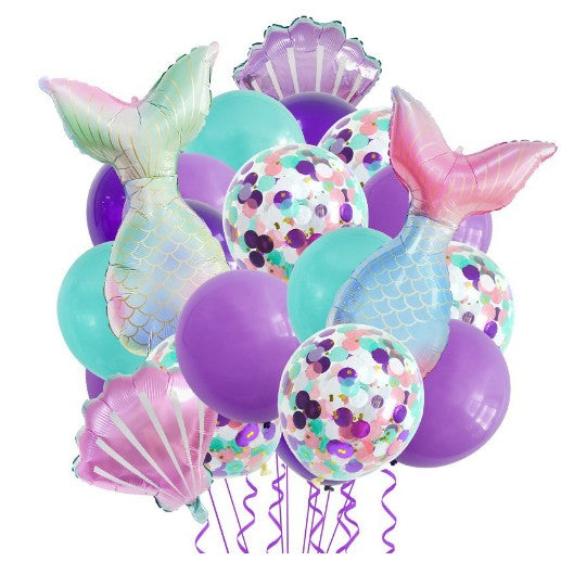 Baloane decorative Aqua Sirene, Set MIX 22 baloane, din folie de alumiu, 2 Sirene, 2 Scoici, 18 baloane din latex, 50 x 85 cm Adeziv si pai inclus, Mov Multicolor