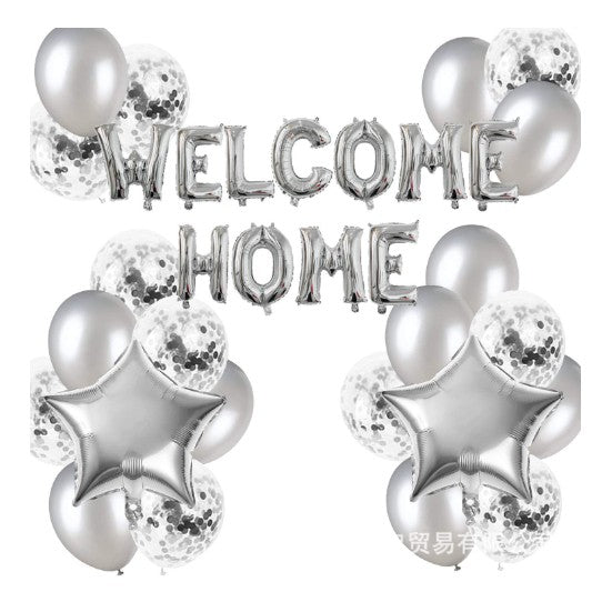 Set baloane folie si latex, WELCOME HOME, 22 de piese, 20 baloane latex, 2 baloane stea Folie, 1 set Welcome Home, Argintiu