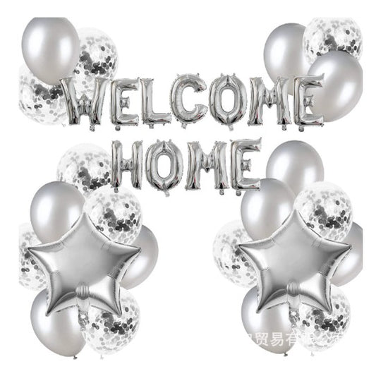 Set baloane folie si latex, WELCOME HOME, 22 de piese, 20 baloane latex, 2 baloane stea Folie, 1 set Welcome Home, Argintiu