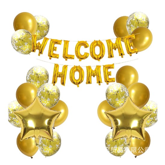 Set baloane folie si latex, WELCOME HOME, 22 de piese, 20 baloane latex, 2 baloane stea Folie, 1 set Welcome Home, Auriu