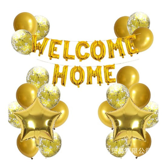 Set baloane folie si latex, WELCOME HOME, 22 de piese, 20 baloane latex, 2 baloane stea Folie, 1 set Welcome Home, Auriu