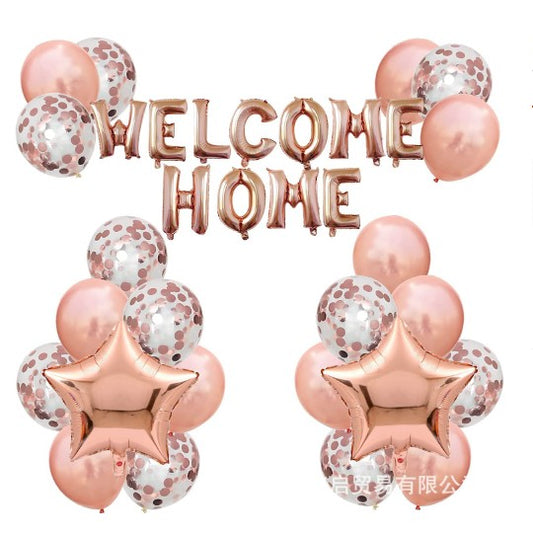 Set baloane folie si latex, WELCOME HOME, 22 de piese, 20 baloane latex, 2 baloane stea Folie, 1 set Welcome Home, Rose gold metalic