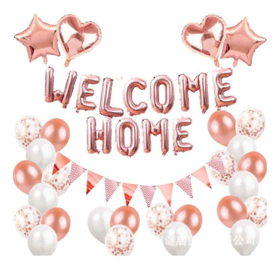 Set baloane folie si latex, WELCOME HOME, 24 de piese, 20 baloane latex, 4 baloane stea Folie, 1 set Welcome Home, Rose gold metal