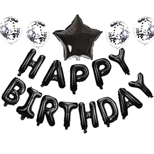 Set 25 de Baloane din Folie Metalizata si Latex, Figurine 2 Stele, 4 Baloane Confetti, 13 Litere, 6 Latex, Model Happy Birthday, Tema Aniversare, 40 cm, Ambalaj Individual, Pai Inclus, Umflare cu Aer sau Heliu, Negru