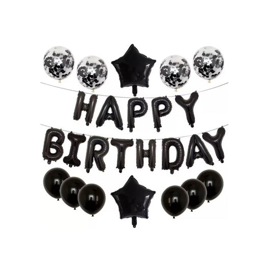 Set 25 de Baloane din Folie Metalizata si Latex, Figurine 2 Stele, 4 Baloane Confetti, 13 Litere, 6 Latex, Model Happy Birthday, Tema Aniversare, 40 cm, Ambalaj Individual, Pai Inclus, Umflare cu Aer sau Heliu, Negru