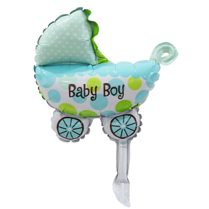Set 3 Baloane din Folie Metalizata, Figurine Carucior, Inima, Fundita, Tema Botez, 45 cm, Ambalaj Individual, Pai Inclus, Umflare cu Aer sau Heliu, Albastru