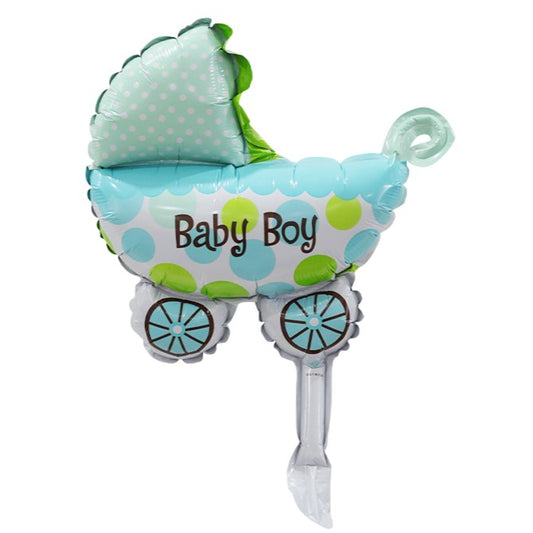 Set 3 Baloane din Folie Metalizata, Figurine Carucior, Inima, Fundita, Tema Botez, 45 cm, Ambalaj Individual, Pai Inclus, Umflare cu Aer sau Heliu, Albastru