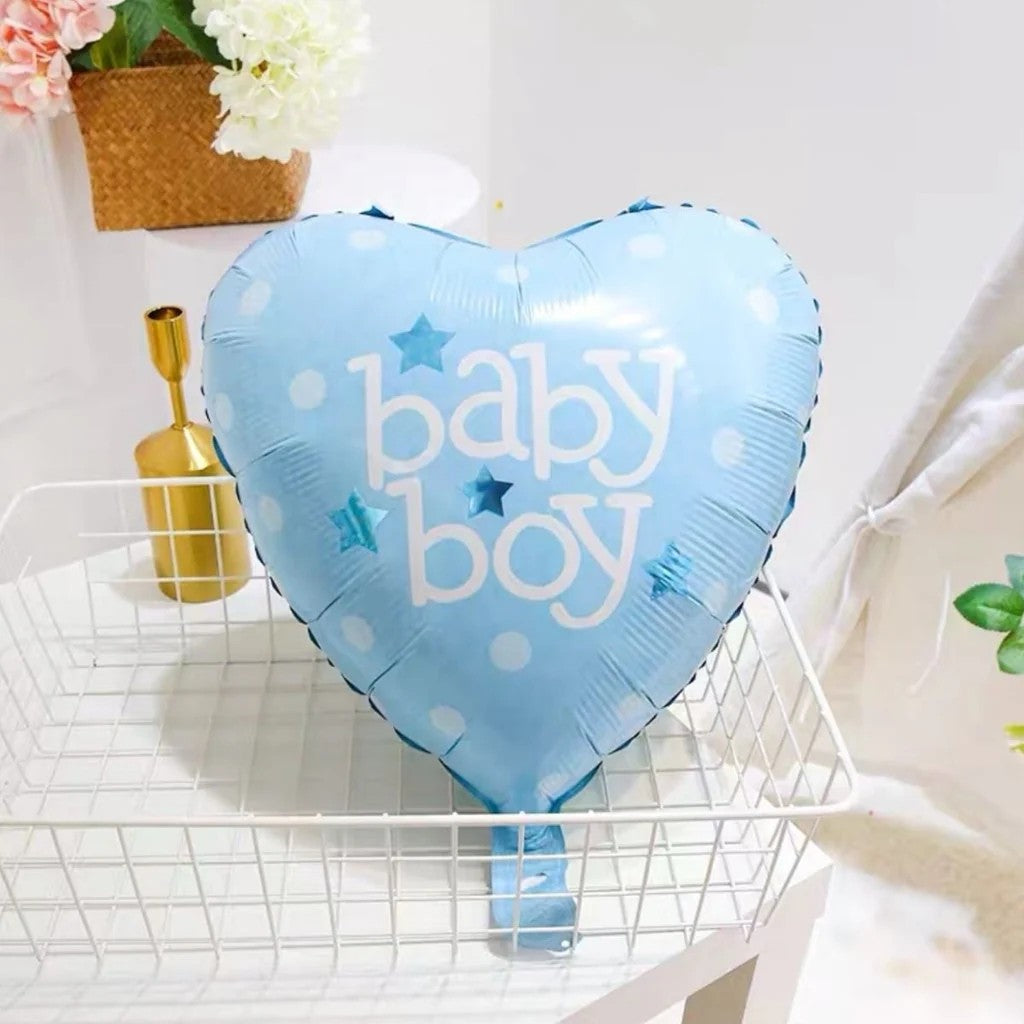Set 3 Baloane din Folie Metalizata, Figurine Carucior, Inima, Fundita, Tema Botez, 45 cm, Ambalaj Individual, Pai Inclus, Umflare cu Aer sau Heliu, Albastru