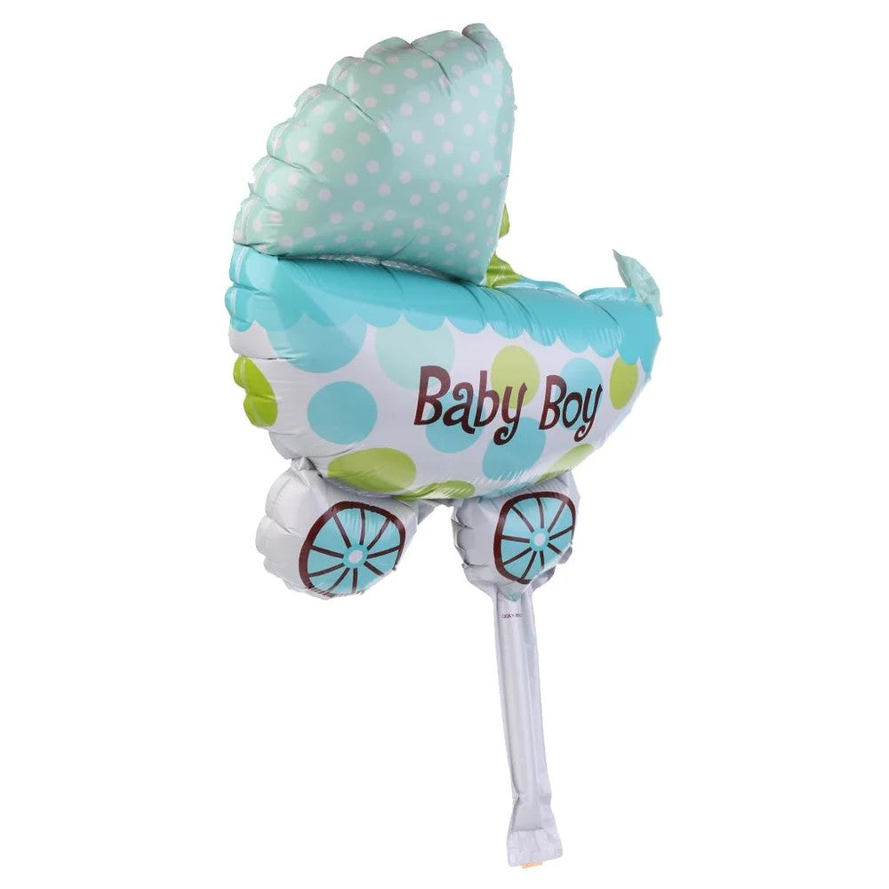 Set 3 Baloane din Folie Metalizata, Figurine Carucior, Inima, Fundita, Tema Botez, 45 cm, Ambalaj Individual, Pai Inclus, Umflare cu Aer sau Heliu, Albastru