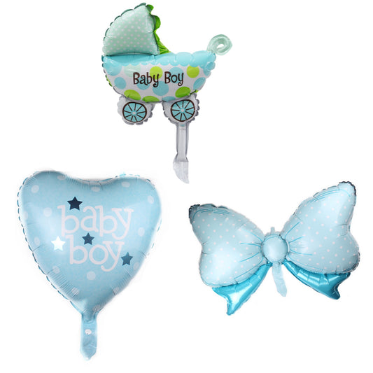 Set 3 Baloane din Folie Metalizata, Figurine Carucior, Inima, Fundita, Tema Botez, 45 cm, Ambalaj Individual, Pai Inclus, Umflare cu Aer sau Heliu, Albastru