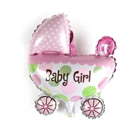 Set 3 Baloane din Folie Metalizata, Figurine Carucior, Inima, Fundita, Tema Botez, 45 cm, Ambalaj Individual, Pai Inclus, Umflare cu Aer sau Heliu, Roz