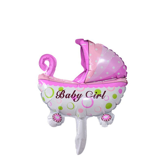 Set 3 Baloane din Folie Metalizata, Figurine Carucior, Inima, Fundita, Tema Botez, 45 cm, Ambalaj Individual, Pai Inclus, Umflare cu Aer sau Heliu, Roz