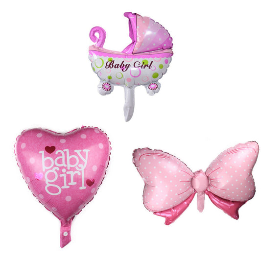 Set 3 Baloane din Folie Metalizata, Figurine Carucior, Inima, Fundita, Tema Botez, 45 cm, Ambalaj Individual, Pai Inclus, Umflare cu Aer sau Heliu, Roz