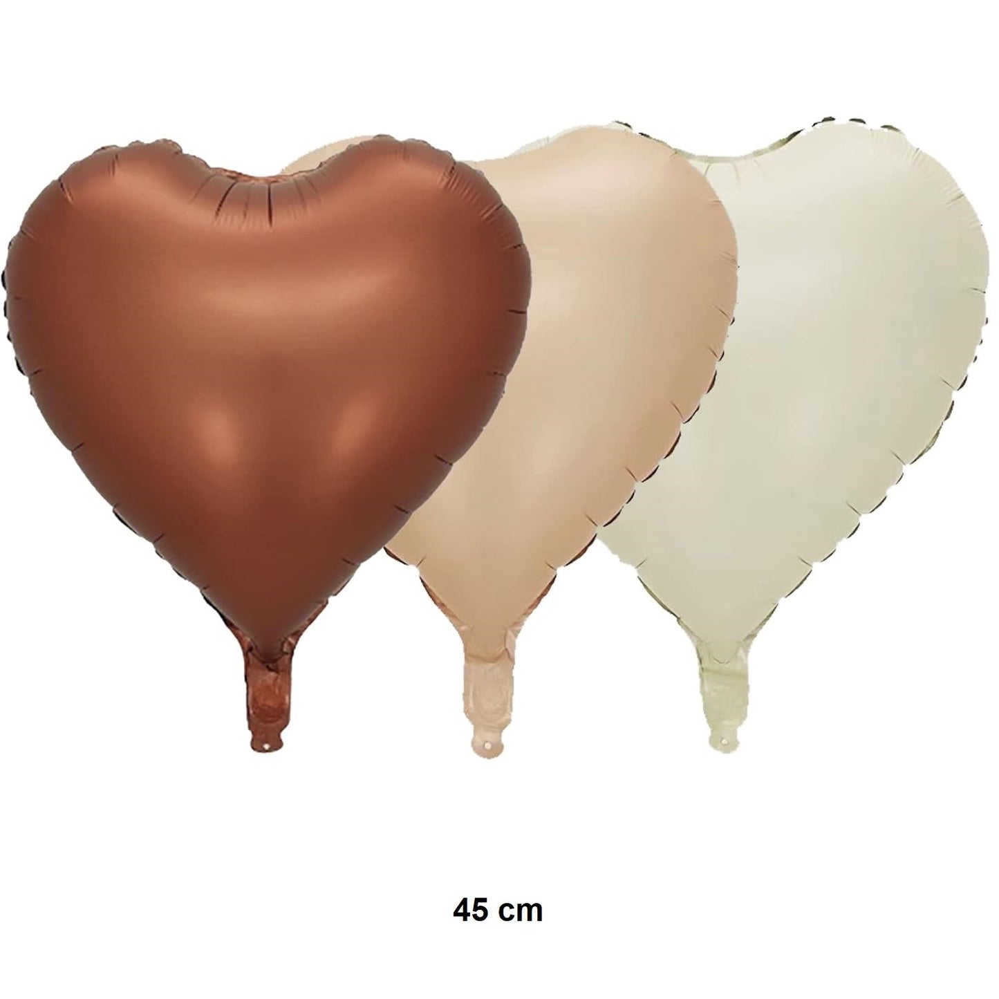Set 3 Baloane din Folie Metalizata, Figurine Inimi, Tema Ziua Indragostitilor, 45 cm, Ambalaj Individual, Pai Inclus, Umflare cu Aer sau Heliu, Crem/Maro