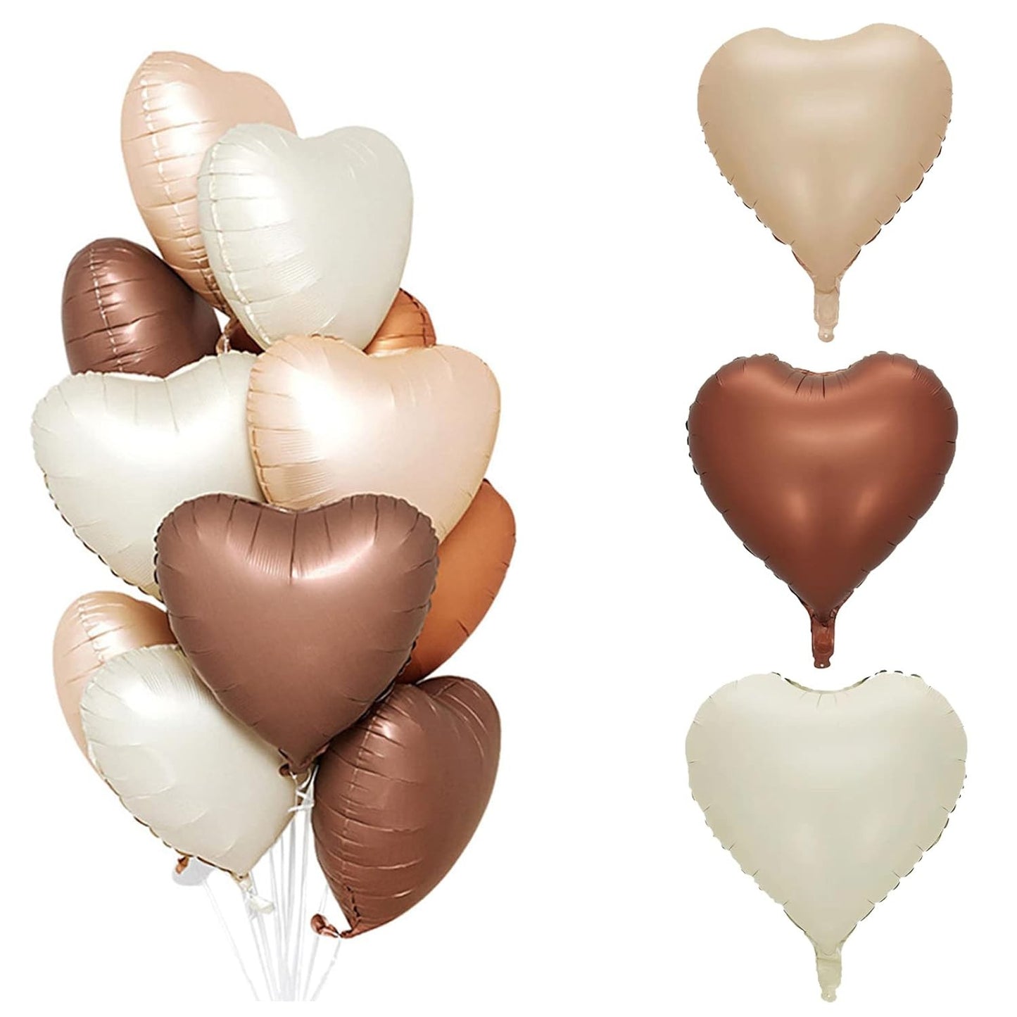 Set 3 Baloane din Folie Metalizata, Figurine Inimi, Tema Ziua Indragostitilor, 45 cm, Ambalaj Individual, Pai Inclus, Umflare cu Aer sau Heliu, Crem/Maro