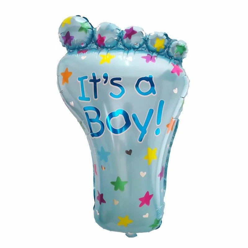 Set 3 Baloane din Folie Metalizata, Figurine Picior 46x79 cm, Inima 45cm, Stea 45cm, Model It's a Boy, Tema Gender Reveal, Ambalaj Individual, Pai Inclus, Umflare cu Aer sau Heliu, Albastru