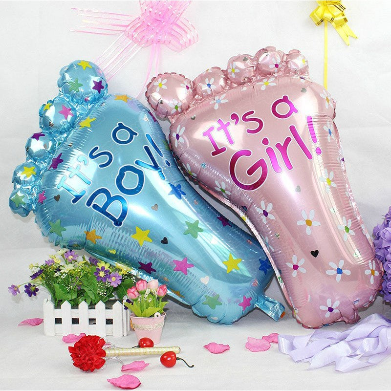 Set 3 Baloane din Folie Metalizata, Figurine Picior 46x79 cm, Inima 45cm, Stea 45cm, Model It's a Boy, Tema Gender Reveal, Ambalaj Individual, Pai Inclus, Umflare cu Aer sau Heliu, Albastru
