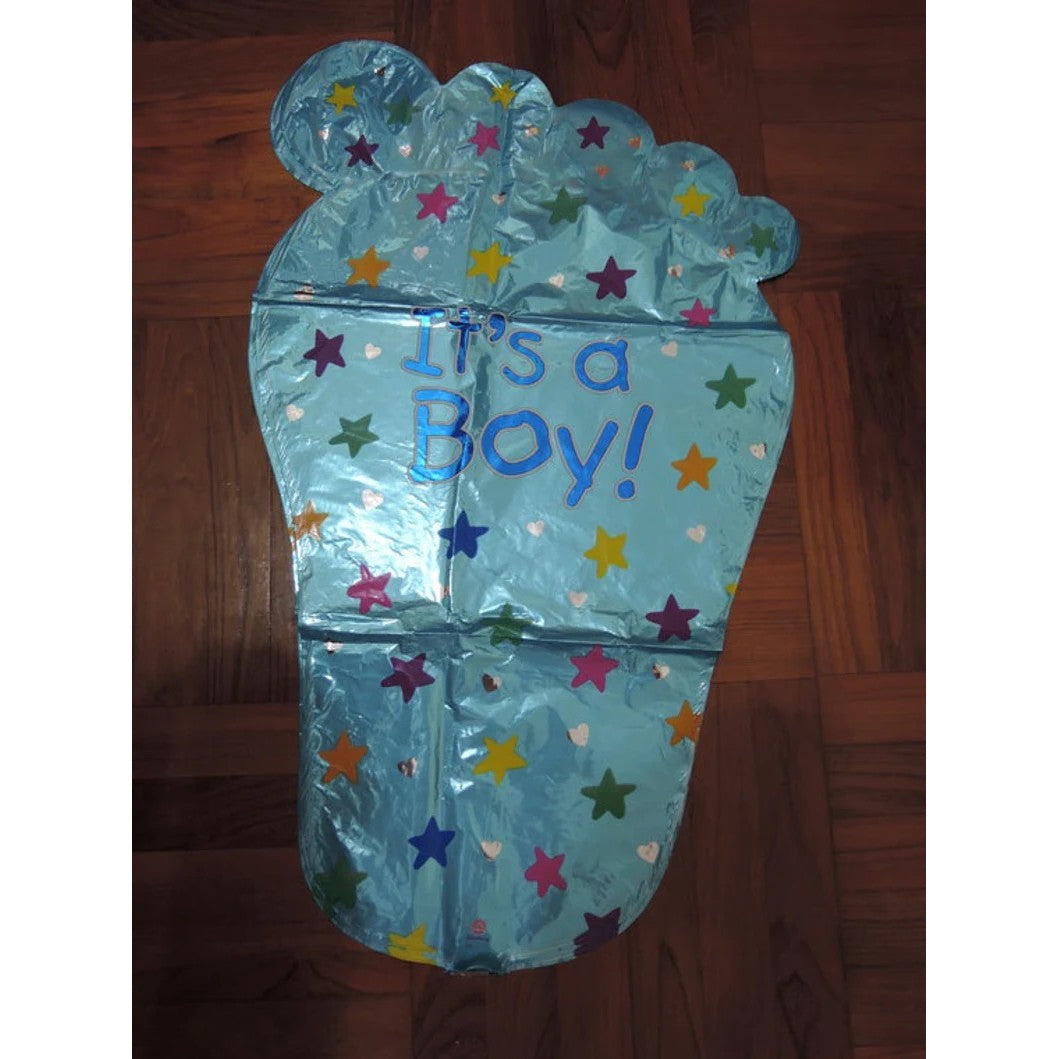 Set 3 Baloane din Folie Metalizata, Figurine Picior 46x79 cm, Inima 45cm, Stea 45cm, Model It's a Boy, Tema Gender Reveal, Ambalaj Individual, Pai Inclus, Umflare cu Aer sau Heliu, Albastru