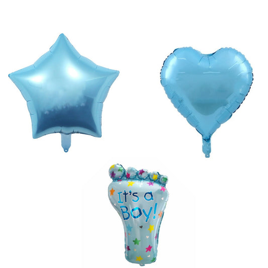 Set 3 Baloane din Folie Metalizata, Figurine Picior 46x79 cm, Inima 45cm, Stea 45cm, Model It's a Boy, Tema Gender Reveal, Ambalaj Individual, Pai Inclus, Umflare cu Aer sau Heliu, Albastru