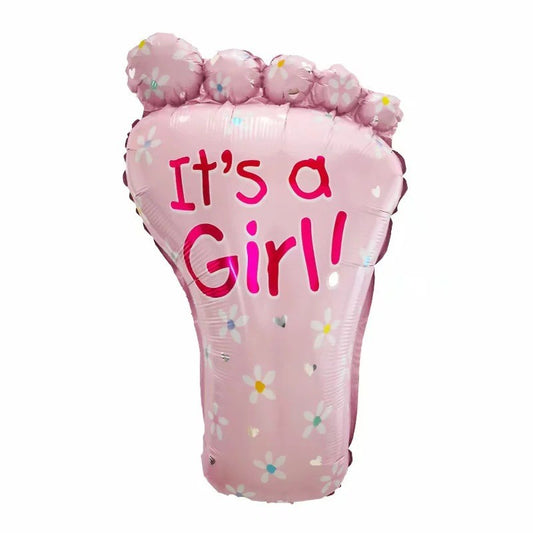 Set 3 Baloane din Folie Metalizata, Figurine Picior 46x79 cm, Inima 45 cm, Stea 45cm, Model It's a Girl, Tema Gender Reveal, Ambalaj Individual, Pai Inclus, Umflare cu Aer sau Heliu, Roz