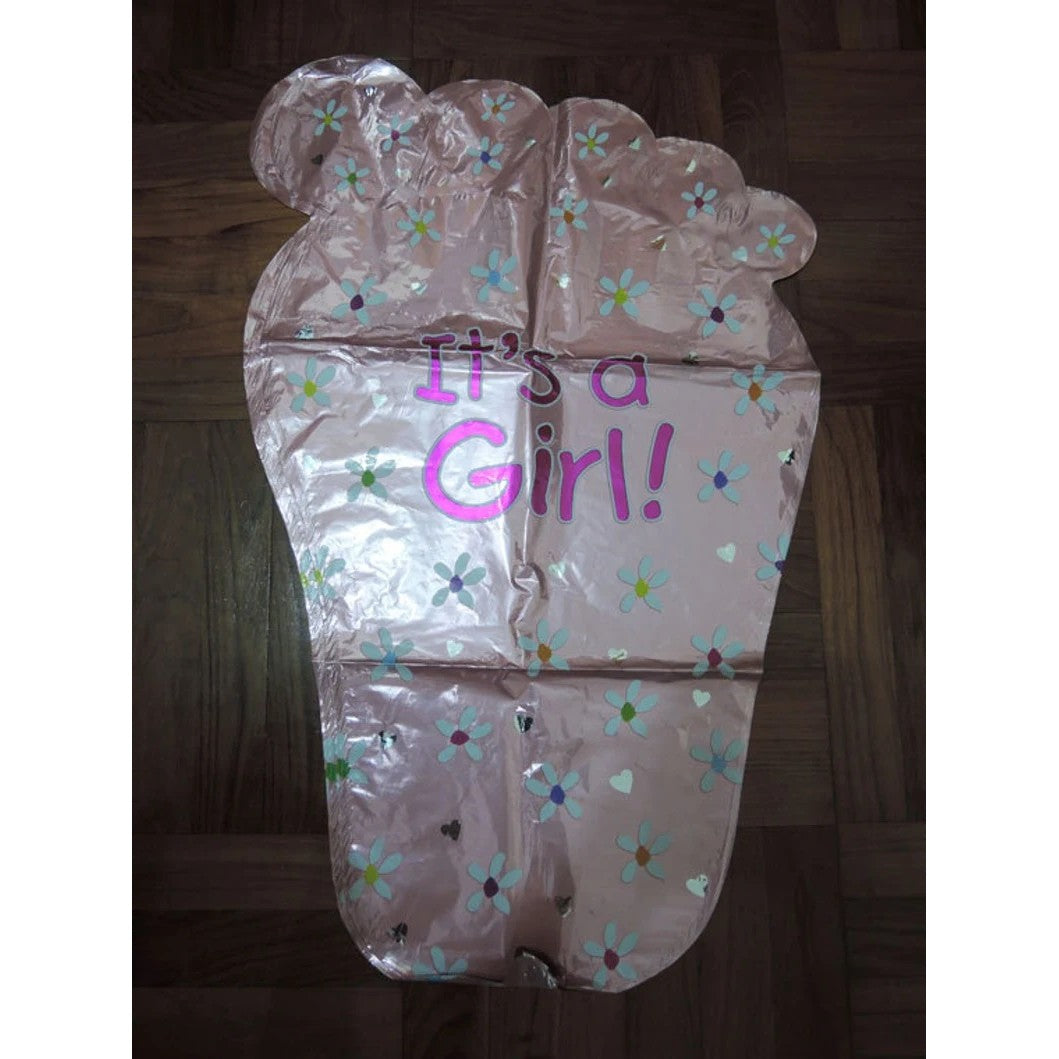 Set 3 Baloane din Folie Metalizata, Figurine Picior 46x79 cm, Inima 45 cm, Stea 45cm, Model It's a Girl, Tema Gender Reveal, Ambalaj Individual, Pai Inclus, Umflare cu Aer sau Heliu, Roz