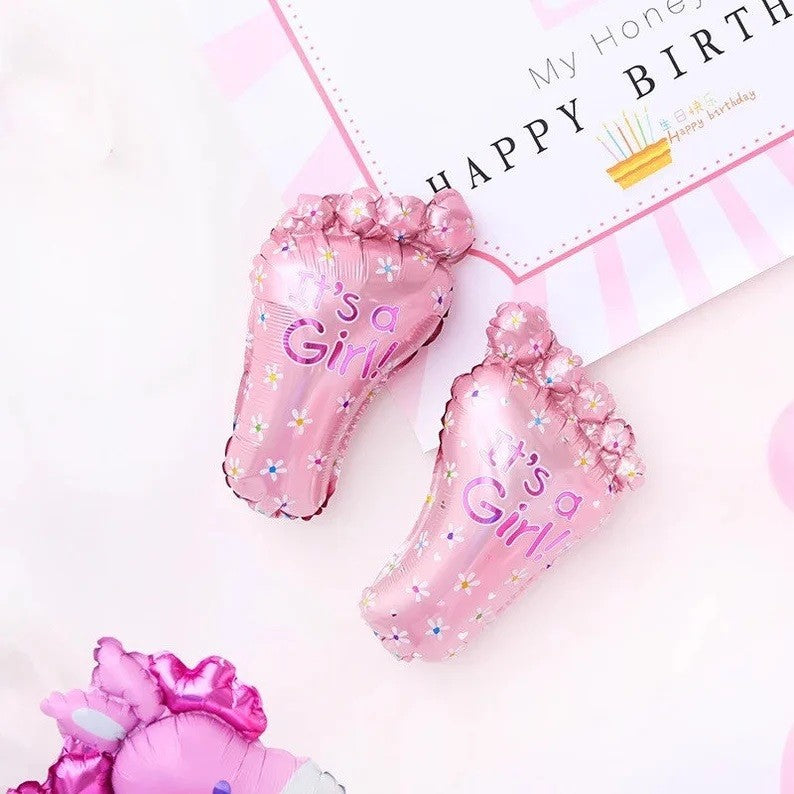 Set 3 Baloane din Folie Metalizata, Figurine Picior 46x79 cm, Inima 45 cm, Stea 45cm, Model It's a Girl, Tema Gender Reveal, Ambalaj Individual, Pai Inclus, Umflare cu Aer sau Heliu, Roz