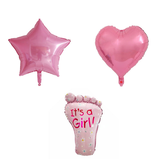 Set 3 Baloane din Folie Metalizata, Figurine Picior 46x79 cm, Inima 45 cm, Stea 45cm, Model It's a Girl, Tema Gender Reveal, Ambalaj Individual, Pai Inclus, Umflare cu Aer sau Heliu, Roz