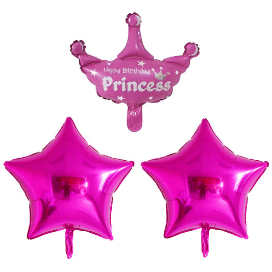 Set 3 Baloane din Folie Metalizata, Figurine Coroana si Stea, Model Aniversare, 40 cm, Ambalaj Individual, Pai Inclus, Umflare cu Aer sau Heliu, Roz
