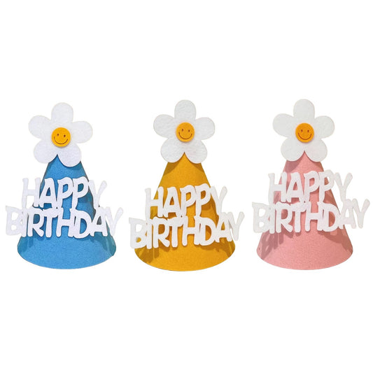 Set 3 Coifuri Happy Birthday, pentru Petrecere, Tematica Aniversare, cu Floare din Spuma, Multicolor
