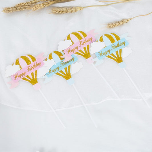 Set 3 Toppere pentru Tort, Model Balon cu Aer Cald Happy Birthday, Tematica Aniversare, Albastru