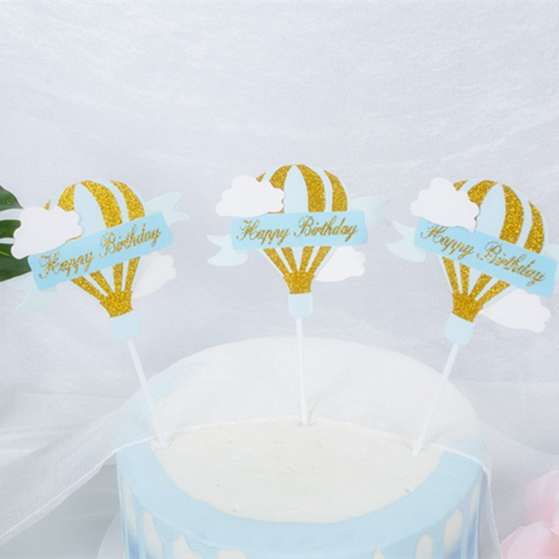 Set 3 Toppere pentru Tort, Model Balon cu Aer Cald Happy Birthday, Tematica Aniversare, Albastru