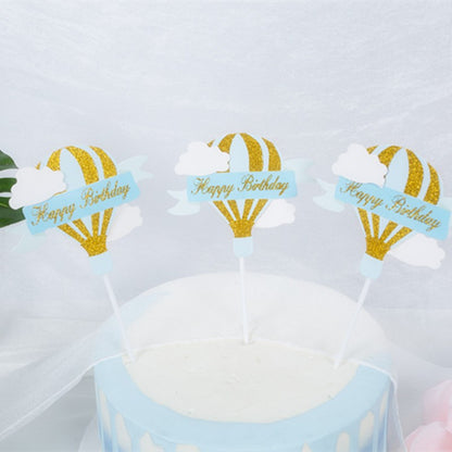 Set 3 Toppere pentru Tort, Model Balon cu Aer Cald Happy Birthday, Tematica Aniversare, Albastru