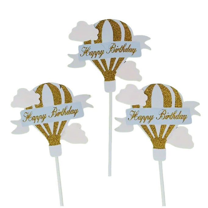 Set 3 Toppere pentru Tort, Model Balon cu Aer Cald Happy Birthday, Tematica Aniversare, Albastru