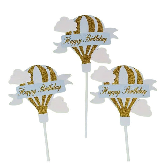 Set 3 Toppere pentru Tort, Model Balon cu Aer Cald Happy Birthday, Tematica Aniversare, Albastru