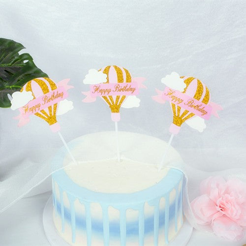 Set 3 Toppere pentru Tort, Model Balon cu Aer Cald Happy Birthday, Tematica Aniversare, Roz