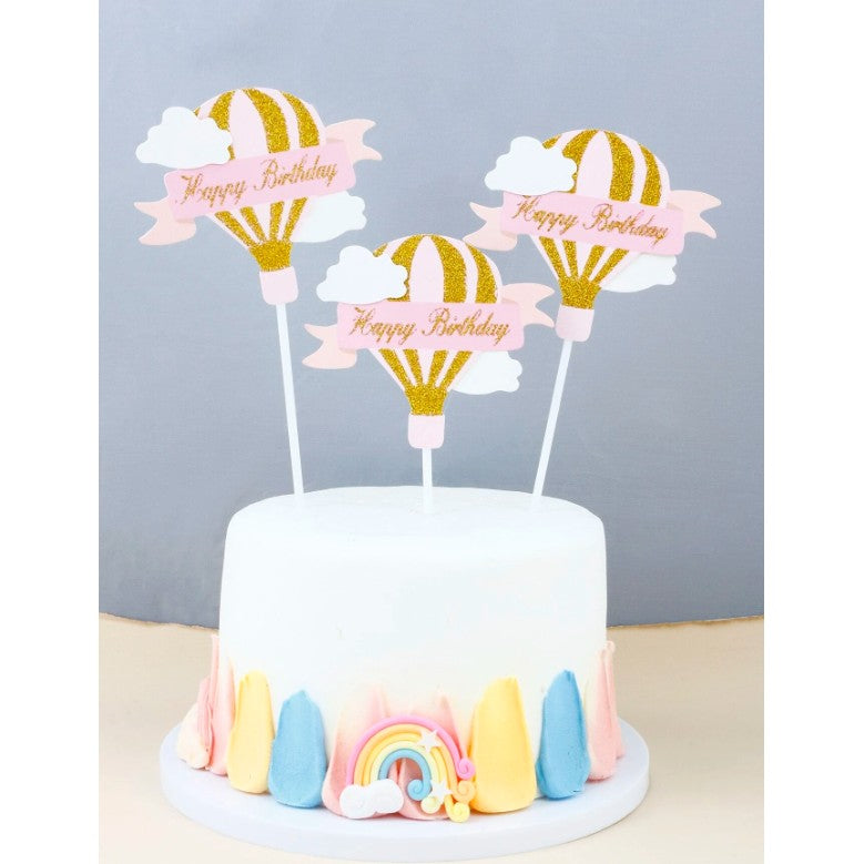 Set 3 Toppere pentru Tort, Model Balon cu Aer Cald Happy Birthday, Tematica Aniversare, Roz