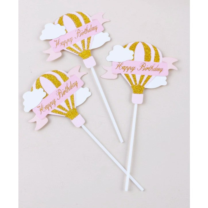 Set 3 Toppere pentru Tort, Model Balon cu Aer Cald Happy Birthday, Tematica Aniversare, Roz