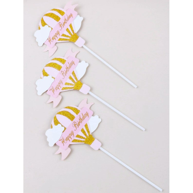 Set 3 Toppere pentru Tort, Model Balon cu Aer Cald Happy Birthday, Tematica Aniversare, Roz
