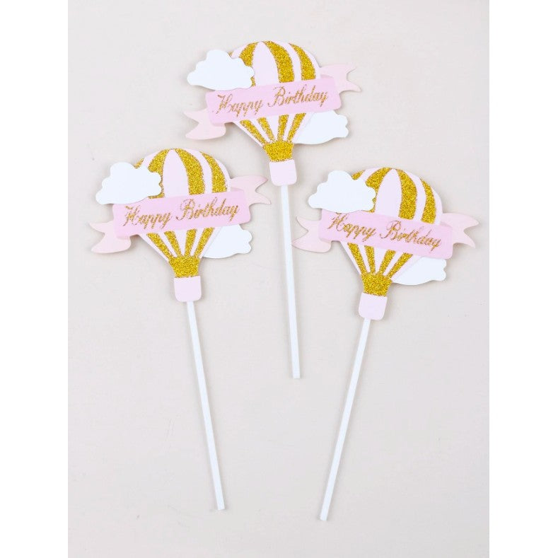 Set 3 Toppere pentru Tort, Model Balon cu Aer Cald Happy Birthday, Tematica Aniversare, Roz