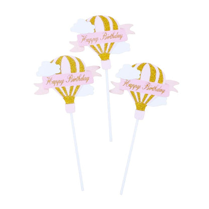 Set 3 Toppere pentru Tort, Model Balon cu Aer Cald Happy Birthday, Tematica Aniversare, Roz
