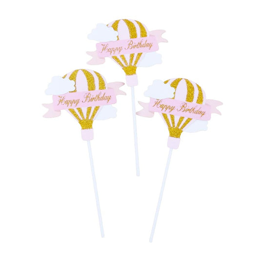 Set 3 Toppere pentru Tort, Model Balon cu Aer Cald Happy Birthday, Tematica Aniversare, Roz