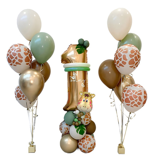Set 30 Baloane Folie si Latex, Tematica Prima Aniversare, Baloane Latex 30cm, 25cm, Figurina Girafa 32x34 cm, Frunza Palmier 15 cm, Cifra 1 76 cm, Multicolor