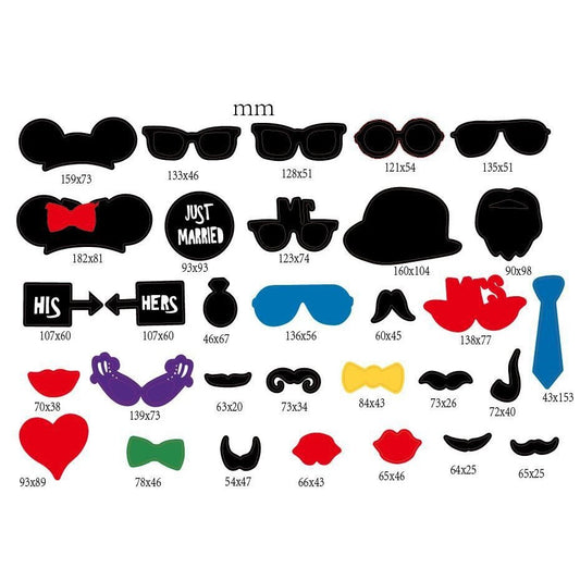 Set 31 de Accesorii pentru Petrecere, Props pentru Coltul de Poze, Ochelari, Palarii, Mustata, Cravata, Tematica Nunta, Multicolor